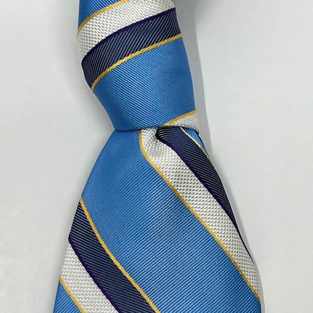 Tommy Hilfiger Men's 100% Silk Tie Stripe‎ Sky Blue/Purple/Yellow/White VTG NWT